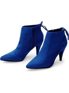 Women's Blue Pointed Toe Heels Ankle Booties Kitten Stiletto Bowtie Strappy Boot